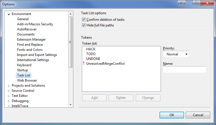 Visual Studio Task List Options